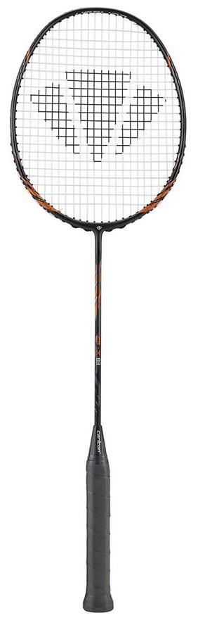 The Carlton GP-X 83 Badminton Racket by Carlton is an advanced-level racket crafted from Japanese High Modulus Graphite. It features a hotmelt black and orange color scheme with a grid-like string pattern. The sleek, modern design includes a triangular motif at the center of the head, and its grip is wrapped in black material for optimal comfort.