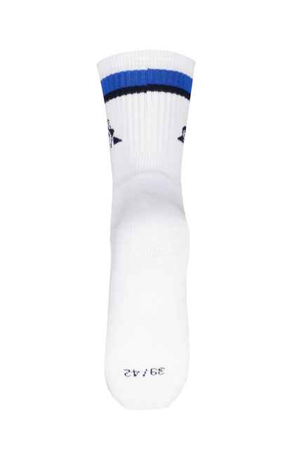 This single sock from Le Coq Sportif Sports Socks - Lapis Blue collection displays a stylish mix of blue and black stripes near the cuff. It features a subtle logo on the side and shows size "39-42" on the bottom, ensuring maximum comfort and breathability, all presented upright against a pristine white backdrop.