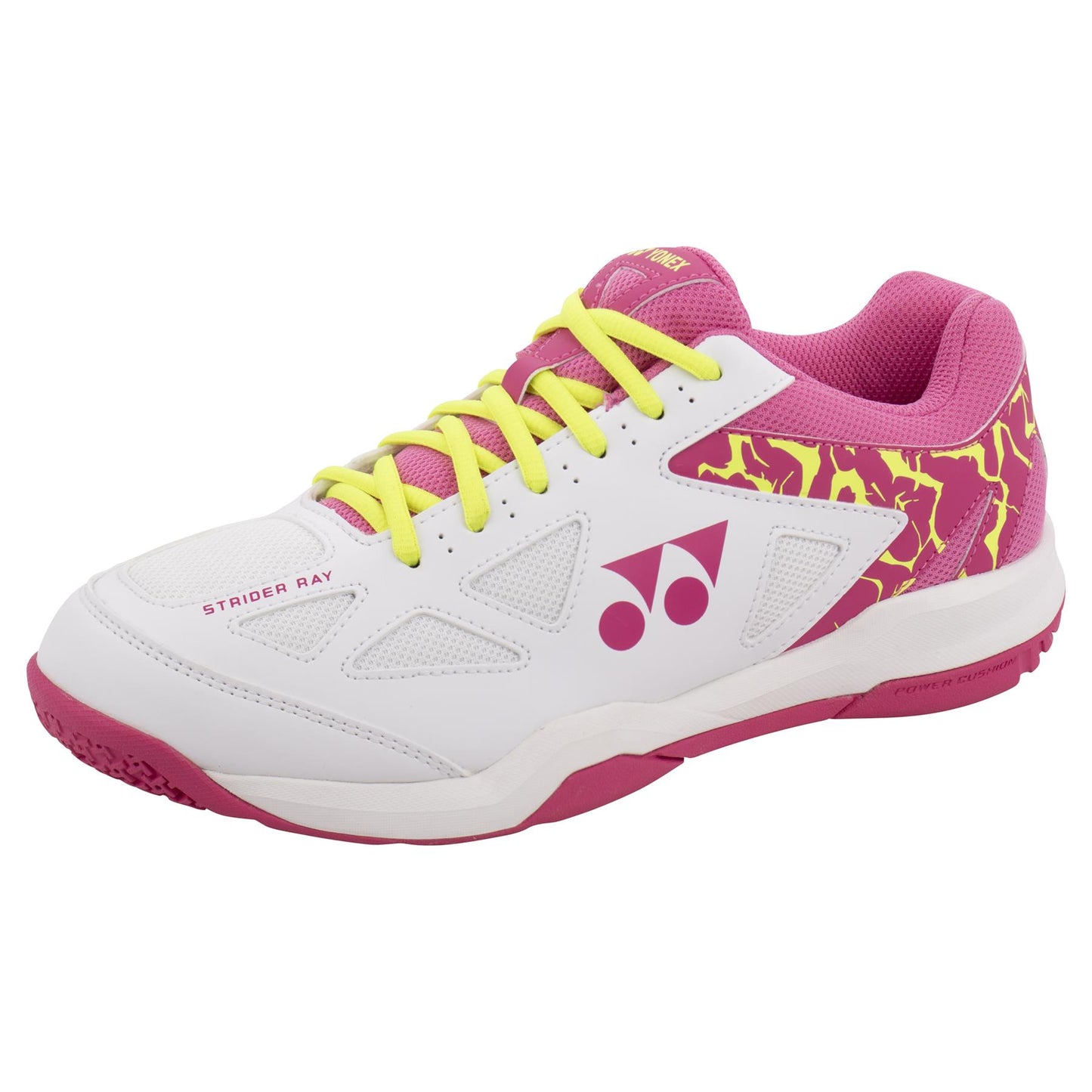 Introducing the Yonex Power Cushion Strider Ray Women's Badminton Shoes in White and Pink. This model boasts a radial blade sole for exceptional grip, accented with striking pink and yellow patterns on the sides. The vibrant yellow laces add flair, while the prominent Yonex logo enhances its sporty design. Inside, a pink lining ensures comfort with every stride on the court.