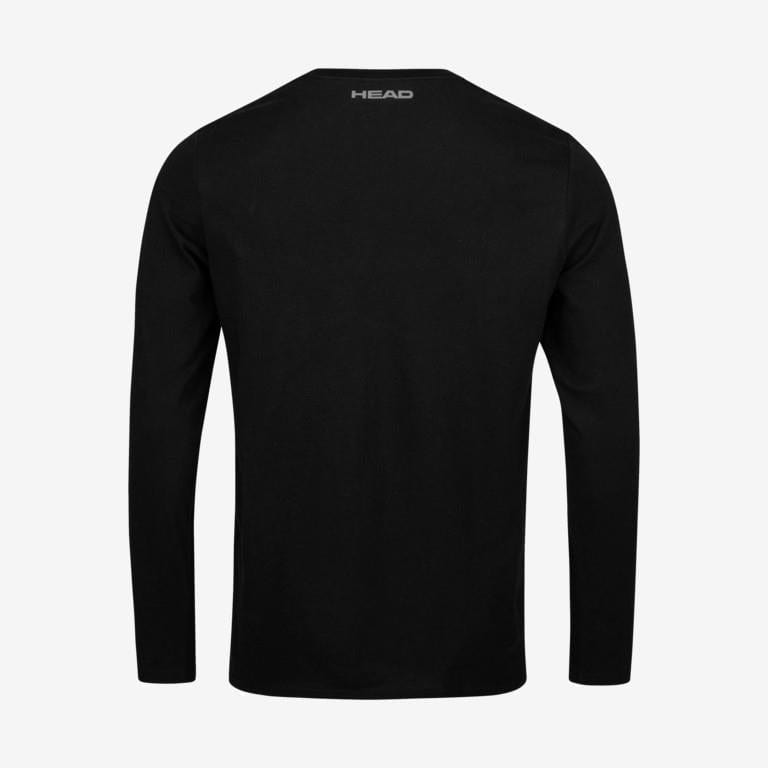 The HEAD Club Cliff Men’s Long Sleeve Top - Black is shown from the back, highlighting its stylish black design. Made from a technical blend of polyester and cotton, it provides moisture-absorbing benefits and displays the brand name "HEAD" printed in white near the collar on a simple white backdrop.