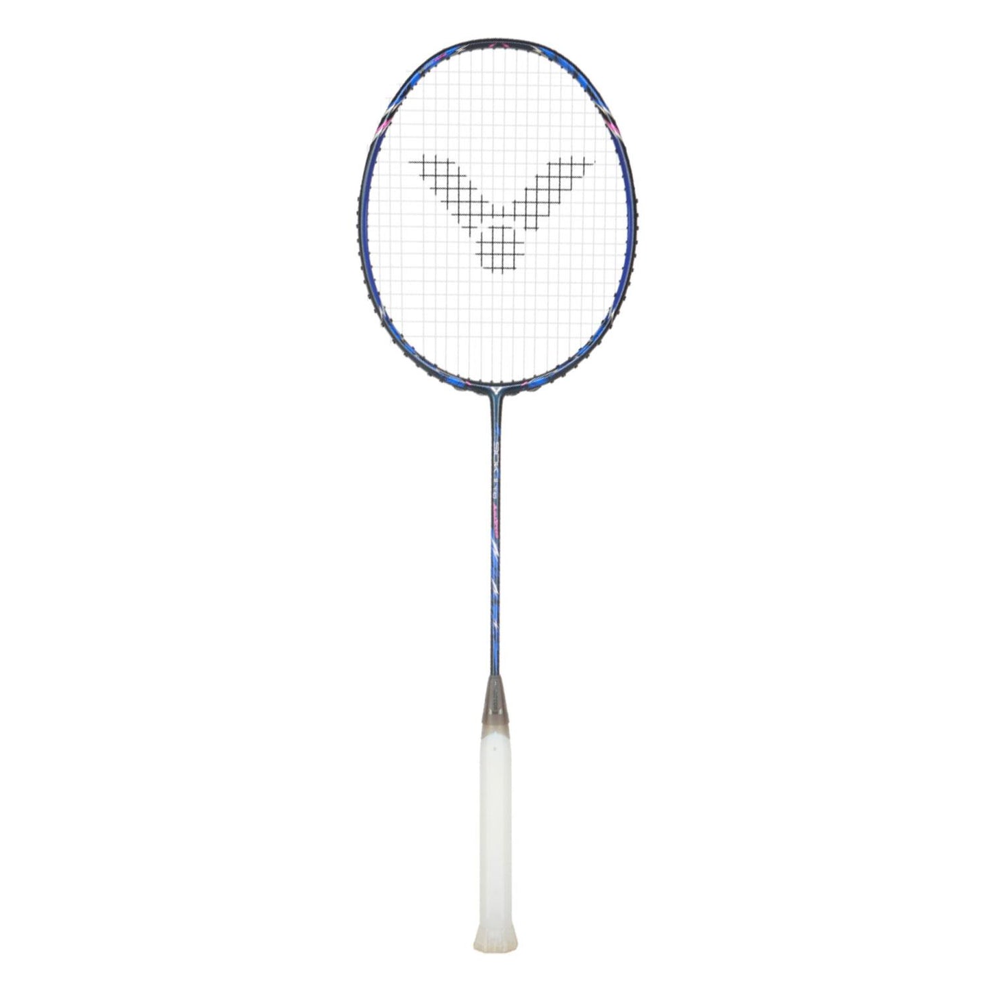 The Victor Auraspeed 90K II TD 3U badminton racket, designed by Victor, showcases a midnight blue frame with a white grip. Its distinctive crisscrossed strings form a logo pattern at the center. This model features Dynamic Sword technology for improved performance and has a cylindrical handle that contrasts with its oval head on an elegant white background.