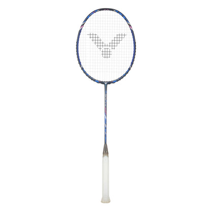 The Victor Auraspeed 90K II TD 3U badminton racket, designed by Victor, showcases a midnight blue frame with a white grip. Its distinctive crisscrossed strings form a logo pattern at the center. This model features Dynamic Sword technology for improved performance and has a cylindrical handle that contrasts with its oval head on an elegant white background.