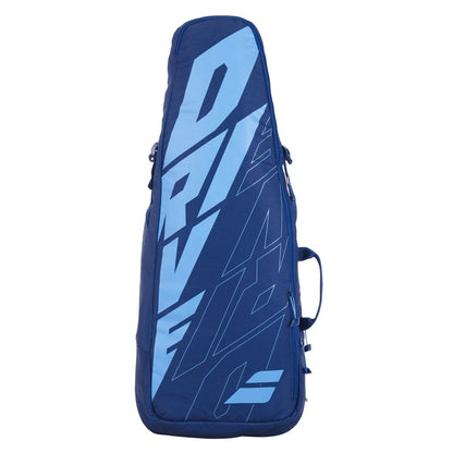 The Babolat Pure Drive Backpack - Blue features a bold "DRIVE" logo in diagonal letters and includes a convenient carrying handle. This chic accessory, reflecting the Babolat Pure Drive Backpack design, effortlessly accommodates all your badminton essentials.