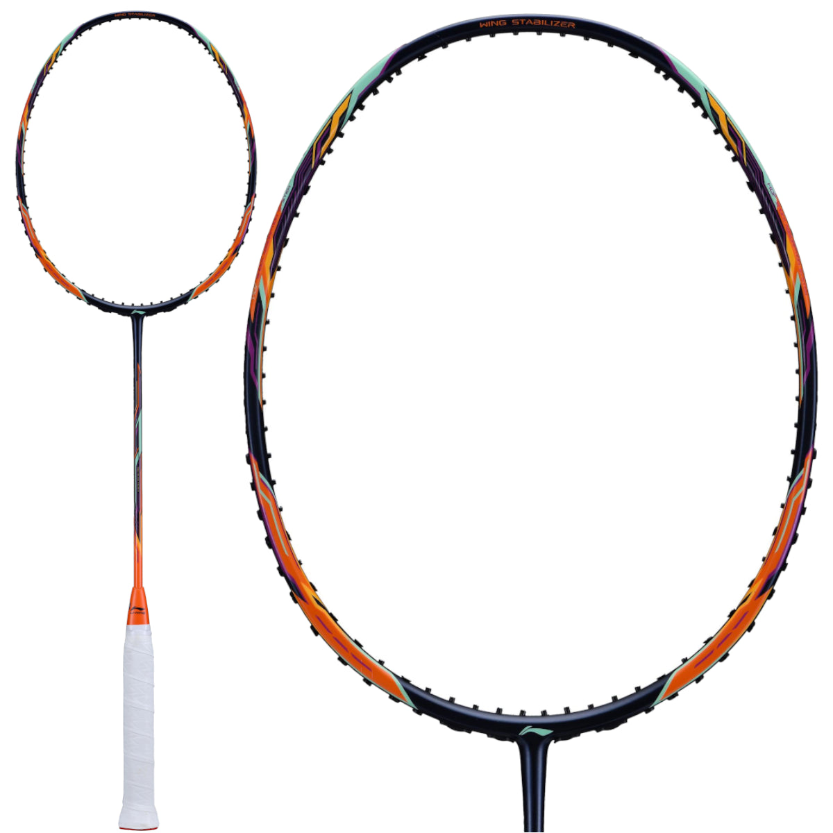 The Li-Ning TecTonic 6 Combat badminton racket, from the renowned Li-Ning brand, features a sophisticated black frame enhanced by vibrant orange accents. Designed with a head-heavy balance to deliver powerful smashes, it is equipped with a white grip tape. The racket is displayed in both full and detailed close-up views.