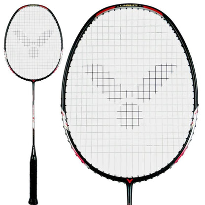 Close-up of the Victor Thruster K11 C 4U badminton racket featuring a black frame, white strings, and elegant red and black details on the shaft and head, complemented by a central logo.