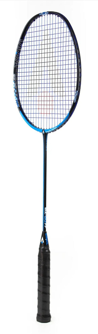 The Karakal BZ 50 2.1 Badminton Racket in black and blue features a striking frame with an isometric square head, tightly strung net, and a sleek black grip handle. Brand markings elegantly decorate both the handle and hoop as it stands upright against a pristine white background.