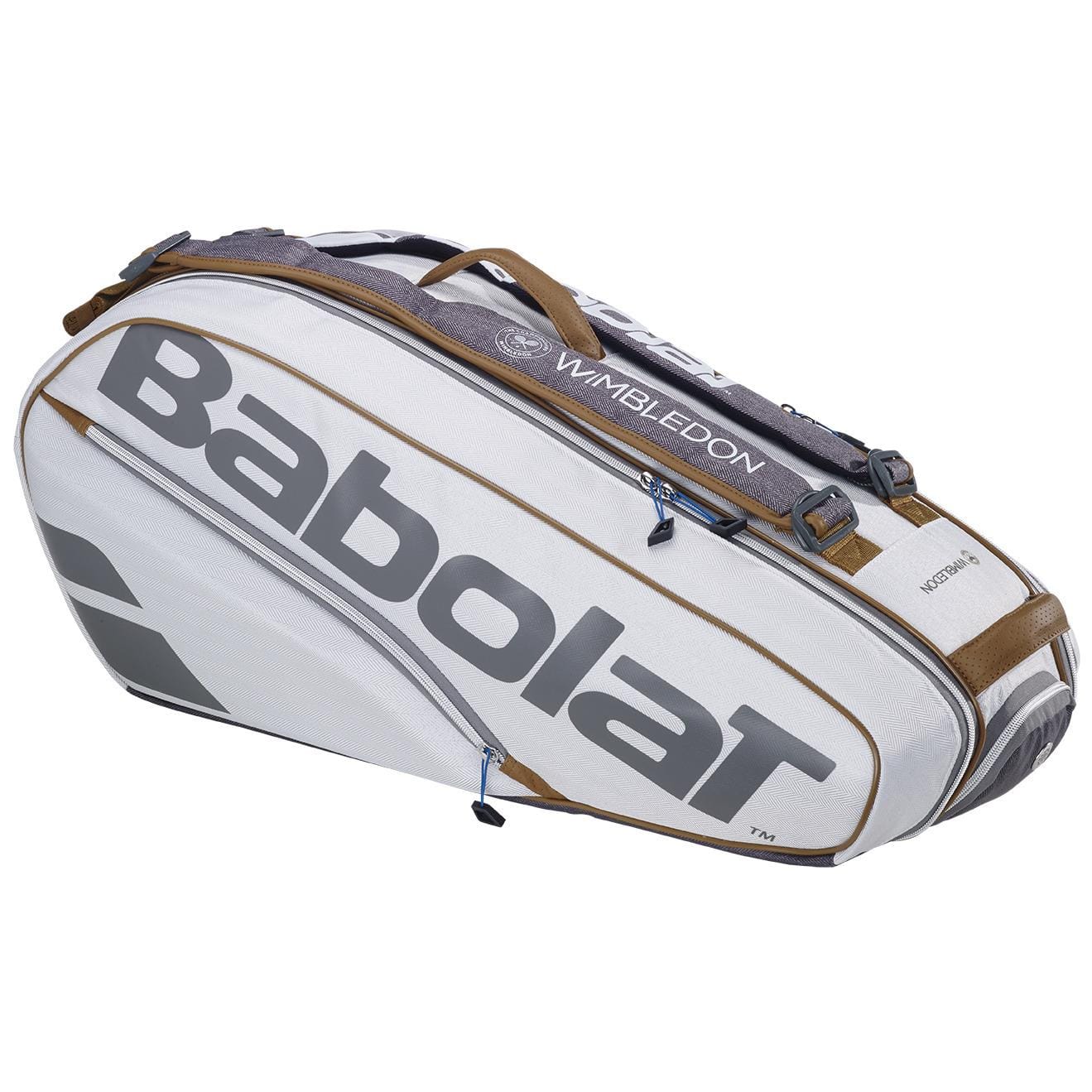 The Babolat RH6 Pure Wimbledon 6 Racket Badminton Bag in grey features "Wimbledon" printed on it. This bag is ideal for tennis players, equipped with multiple zippers and padded straps, making it perfect for carrying your tennis gear effortlessly.