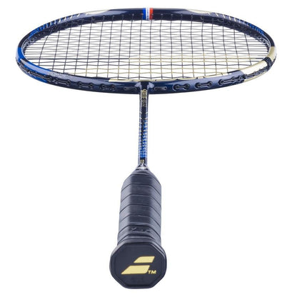 The Babolat Satelite Master Badminton Racket - Navy Blue by Babolat boasts a striking navy blue color with strings arranged upright. The grip, covered in sleek black material, is accented with a subtle logo at the end of the handle. This design provides superior aerodynamics for improved on-court performance.