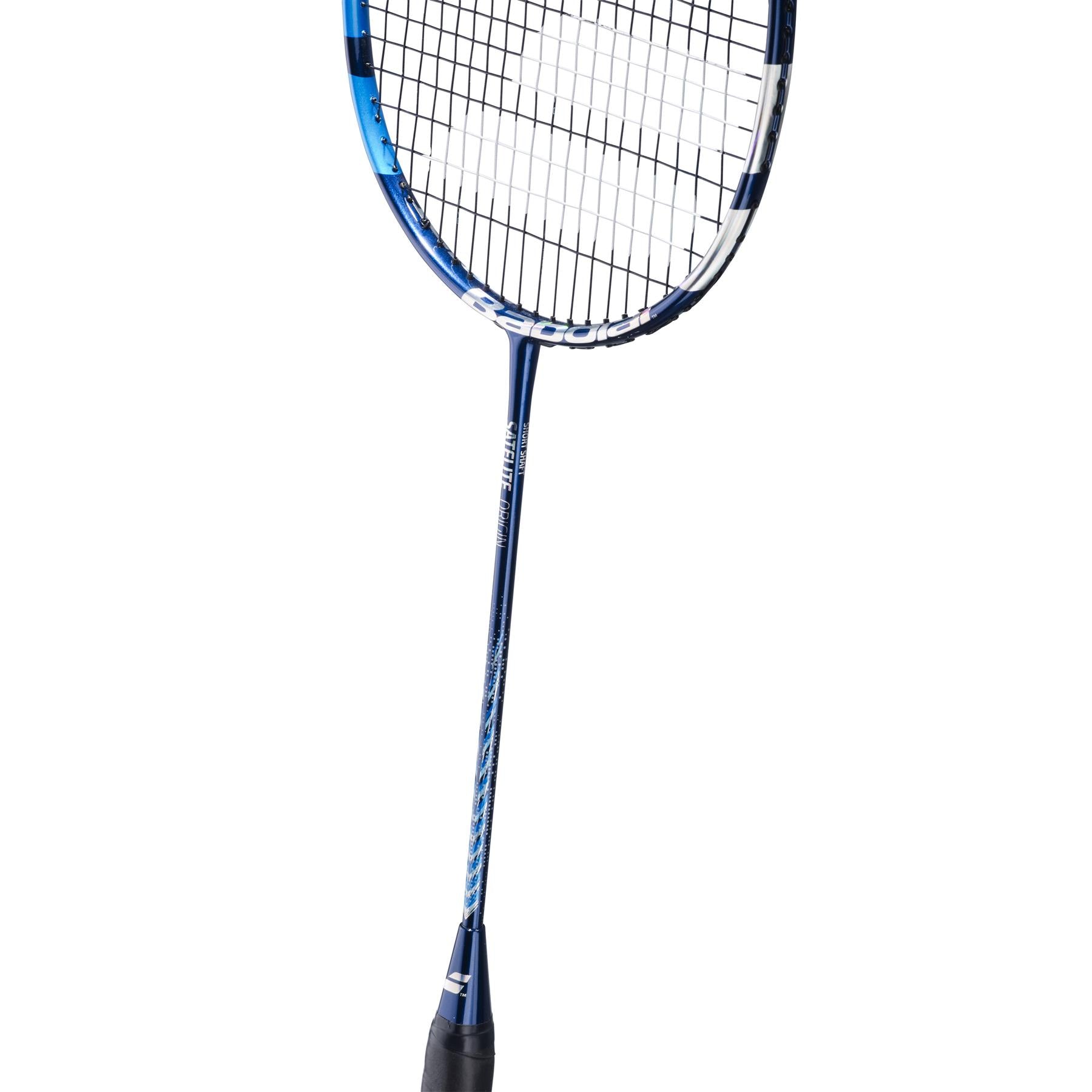 The Babolat Satelite Origin Badminton Racket - Blue, crafted by Babolat, features a sleek and aerodynamic shaft that provides precision and ease of handling. Its blue frame with a black grip harmonizes with the tightly woven strings, ensuring optimal performance on the court against a stark white backdrop.