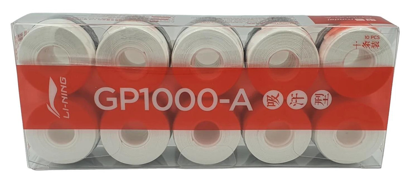 Ten rolls of durable white tape, renowned for their sweat absorption, are stored in a clear plastic package. The packaging displays "Li-Ning GP1000 White Badminton Overgrip - 10 Pack" prominently in bold white letters on a red background, accompanied by numbers and Chinese characters.