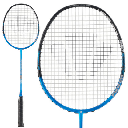 A Carlton Powerblade Zero 300S badminton racket, featuring a blue and black design with an oval-shaped string pattern, constructed from Japanese High Modulus Graphite. The handle is wrapped in black grip tape. Shown in two views: a close-up of the head and a full-length perspective of the model.