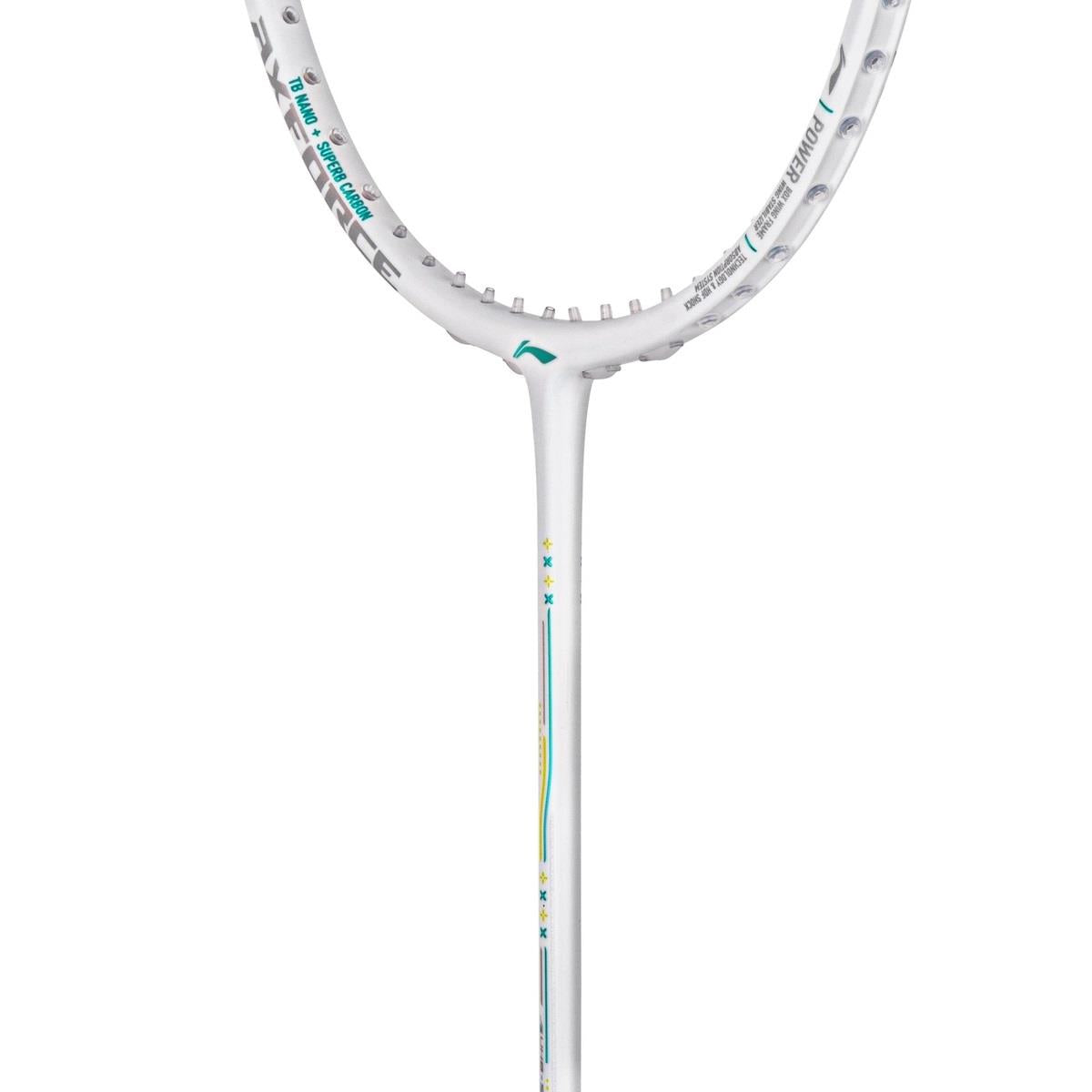 Close-up of the Li-Ning Axforce 60 4U badminton racket frame and shaft in white, featuring vibrant design accents. The Y-shaped junction showcases the strings and sleek finish, enhanced by advanced FRTP technology for exceptional gameplay.