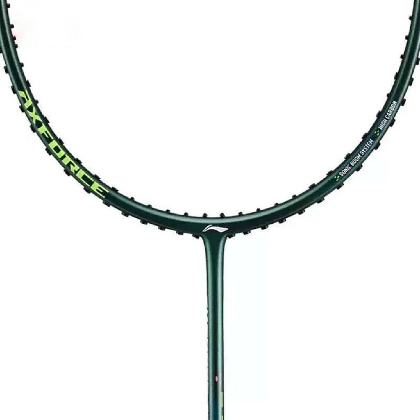 Close-up of a Li-Ning Axforce Cannon Badminton Racket head and shaft, showcasing "FORCE" in green on the side. Crafted with High Carbon technology for an offensive playing style, the design stands out elegantly against a plain white background, with strings unseen to emphasize its sleekness.