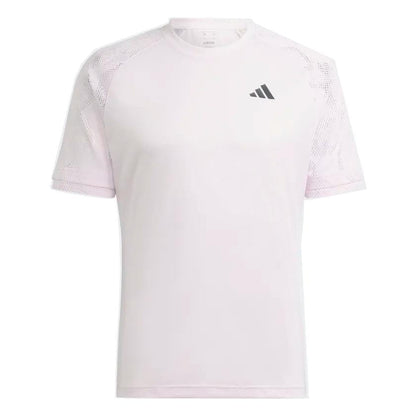 Introducing the adidas Melbourne Men's Raglan T-Shirt in Clear Pink, featuring a simple round neckline and short sleeves. This t-shirt is crafted from recycled materials and boasts a small logo on the upper left side.