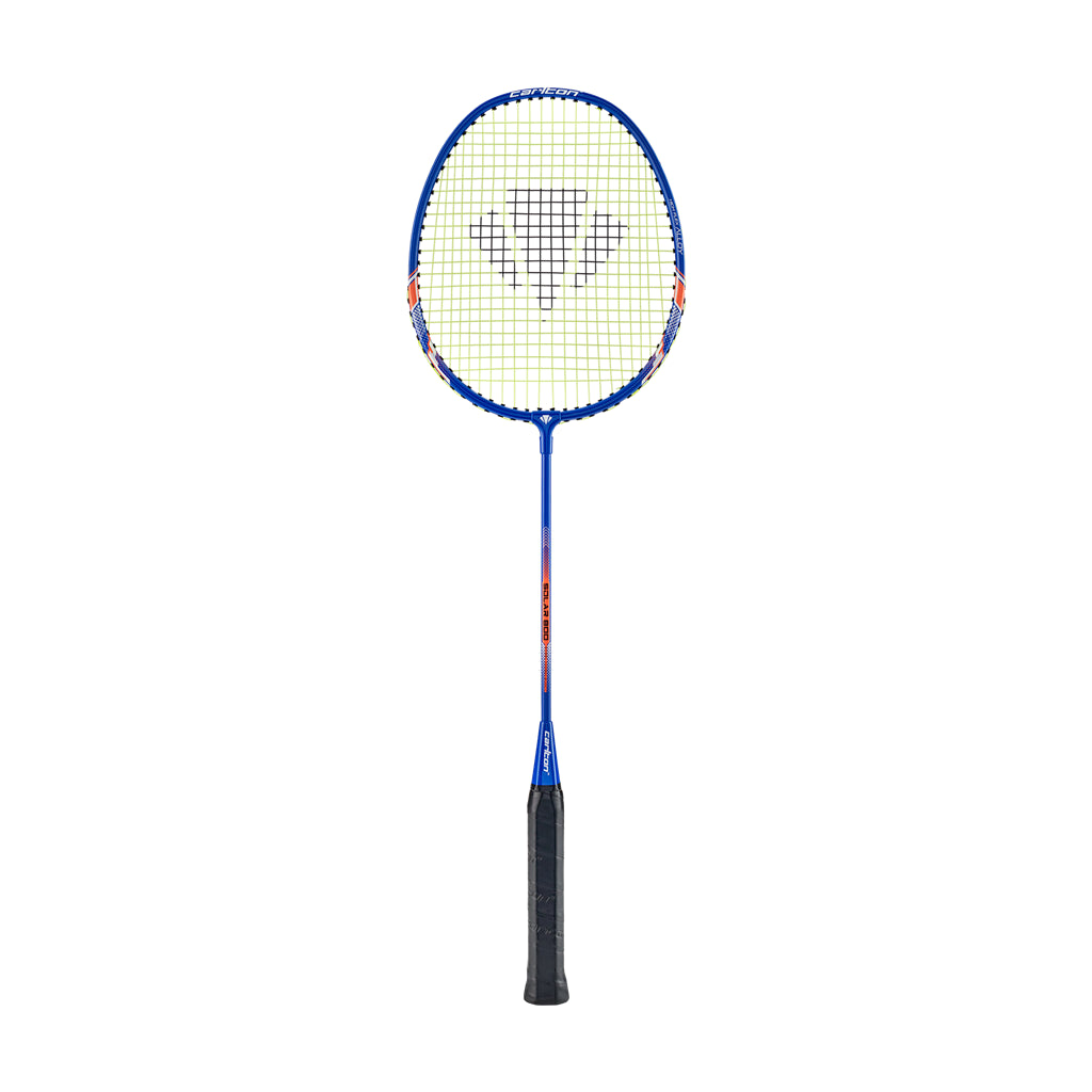 An isolated image of the Carlton Solar 800 Badminton Racket featuring a sleek blue and orange frame, black grip, and white strings prominently displaying the central logo. Its enlarged sweet spot makes it perfect for beginner players looking for a modern design to improve their badminton skills.