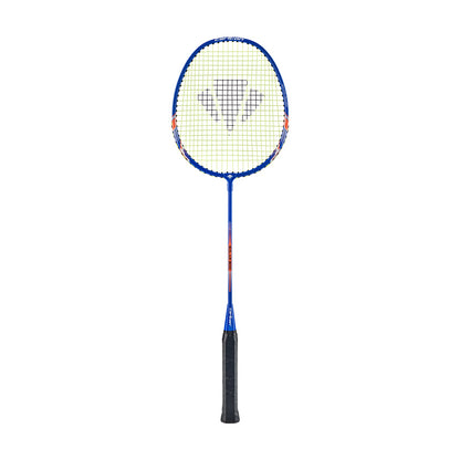 An isolated image of the Carlton Solar 800 Badminton Racket featuring a sleek blue and orange frame, black grip, and white strings prominently displaying the central logo. Its enlarged sweet spot makes it perfect for beginner players looking for a modern design to improve their badminton skills.