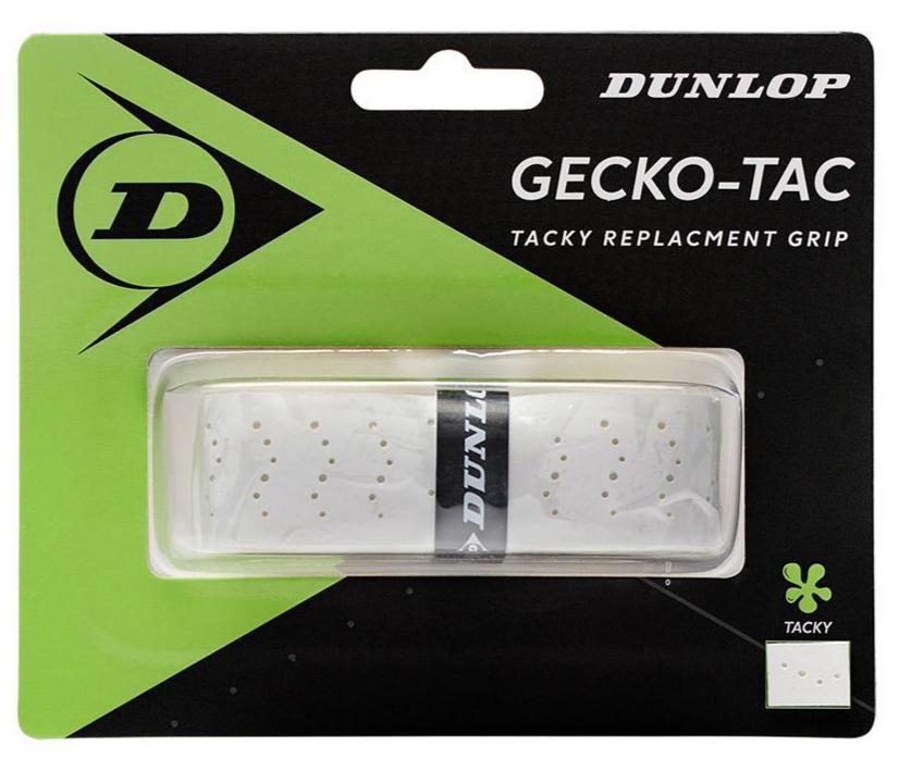 The Dunlop Gecko-Tac Replacement Badminton Grip - White incorporates a tacky surface technology with perforations to ensure optimal performance. Presented in a clear plastic case, the grip is white and comes packaged in a primarily black design featuring green accents and the Dunlop branding in the upper right corner.