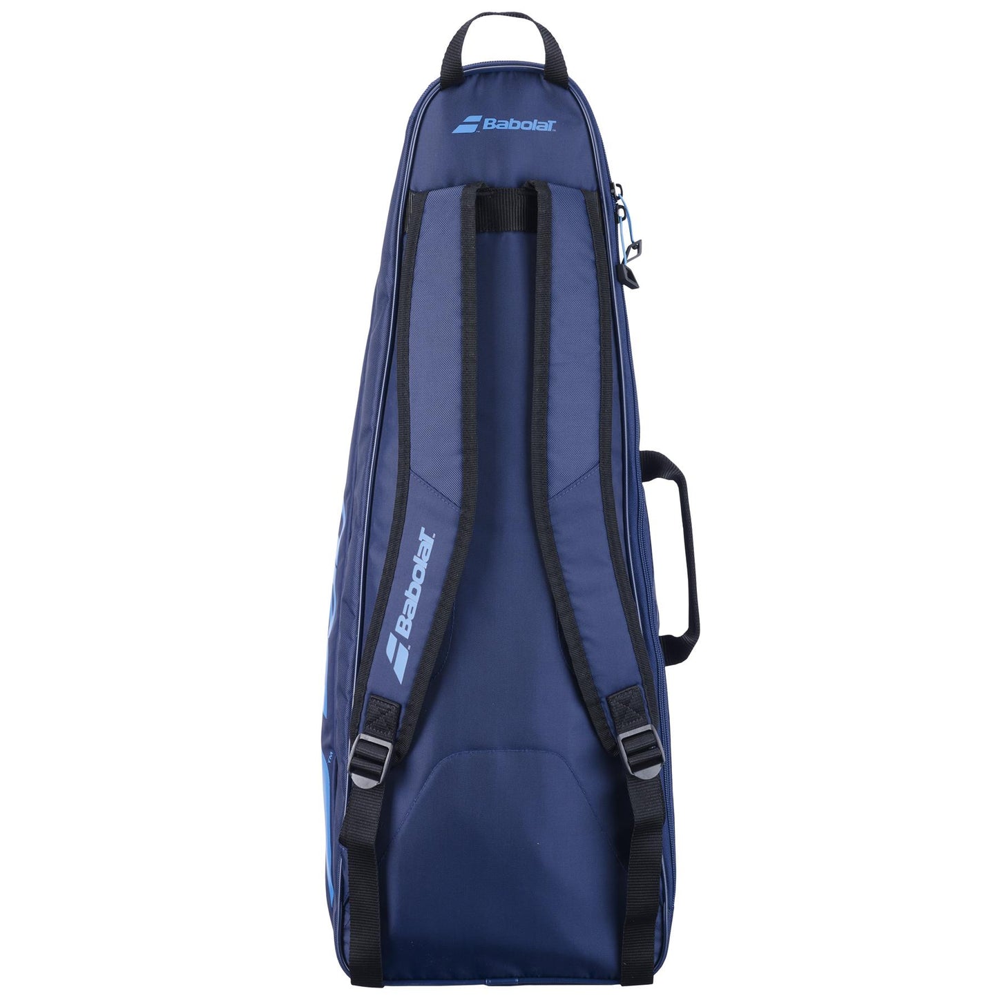 The dark blue Babolat Backrack 3 Badminton Bag, made by Babolat from recycled polyester, includes shoulder straps and a side handle for convenient transportation. Designed to accommodate multiple rackets, it features a sleek and elongated shape.