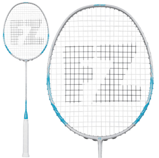 A close-up of the FZ Forza Pure Light 9 Badminton Racket, featuring a silver frame with light blue accents and crafted from ultra high modulus graphite for superior performance. The strings form the letters "FZ." This racket has an even balance grip in white, positioned against a plain background.