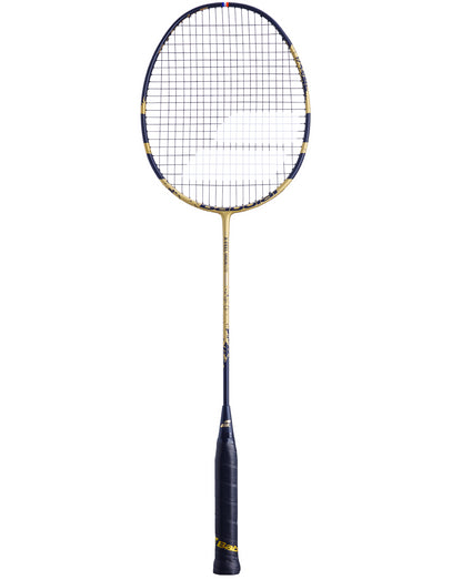 The Babolat X-Feel Origin Power LTD Badminton Racket, featuring a black and gold color scheme, includes a complementary black grip handle and mesh stringed head. Enhanced by CARBON X-TREM technology, this sleek design from Babolat ensures the racket remains lightweight and optimized for optimal play.