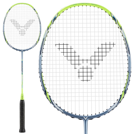 Close-up and full view of the Victor DriveX Light Fighter 60 E badminton racket from Victor. This contemporary racket features an aerodynamic frame in lime green with blue accents, designed with a head-heavy balance for delivering powerful shots. It is complemented by a black handle, while the strings showcase a unique black pattern.