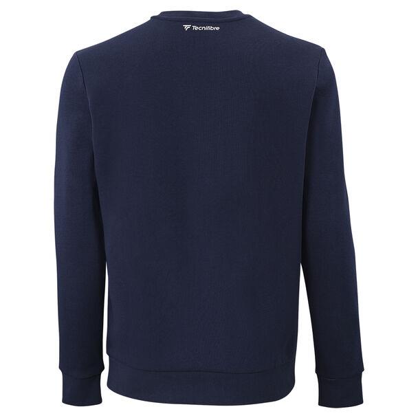 Back view of the marine-colored Tecnifibre Men's Team Badminton Sweater, complete with long sleeves. This stylish sweater provides ultimate comfort and features a discreet Tecnifibre logo near the collar.