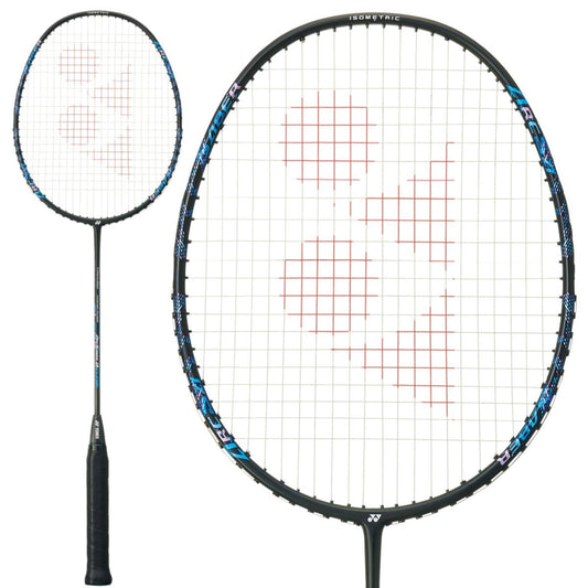 The Yonex Arcsaber 2 Clear 4U badminton racket, designed by Yonex for optimal shuttle control, features a sleek black frame with blue accents and white strings, prominently displaying a red logo on the string bed. It is presented in both full-length and close-up views of the head.