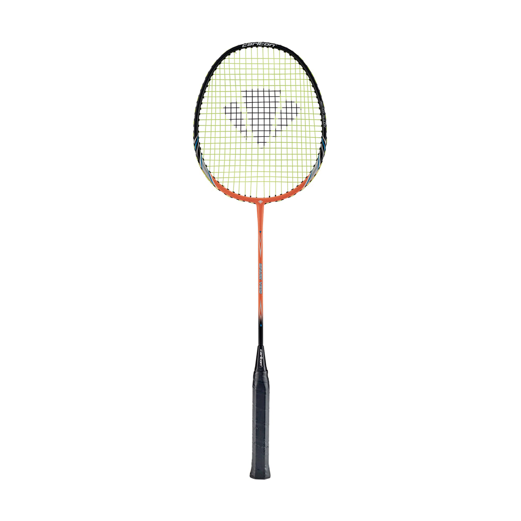 The Carlton Spark V810 Badminton Racket in black and orange by Carlton is an eye-catching racket designed for beginners. It features a black handle and a white string bed with a geometric pattern. Displayed vertically against a plain white background, this badminton racket highlights its sleek and modern design.