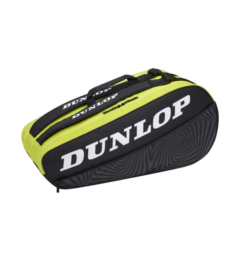 The Dunlop SX-Club 10 Racket Bag in black and yellow prominently displays large white Dunlop branding on its side. It includes a zip closure, handles, and a dedicated shoe compartment, making it perfect for carrying sports equipment and rackets.