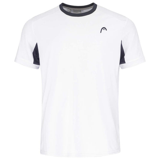 The HEAD Slice Mens Badminton T-Shirt - White is a sporty, white t-shirt that highlights short sleeves and a subtle logo on the left chest. It features distinctive black accents along the sleeve sides and inside the collar. Its athletic design is further enhanced by Moisture Transfer Microfiber technology, ensuring maximum breathability.