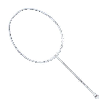 Displayed against a plain white backdrop is the Li-Ning Turbo Charging Marshal 4U Badminton Racket in white. Featuring a refined design and clean lines, its streamlined frame enhances power and control, reflecting the lightweight and aerodynamic attributes characteristic of contemporary rackets.