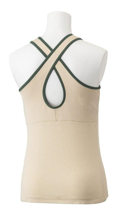 The Yonex 20757 Women's Badminton Tank Top in sand is displayed from the back on a mannequin. It showcases a crisscross strap design with a textured swirl pattern, capturing the innovative style of Yonex for those who value both fashion and functionality.