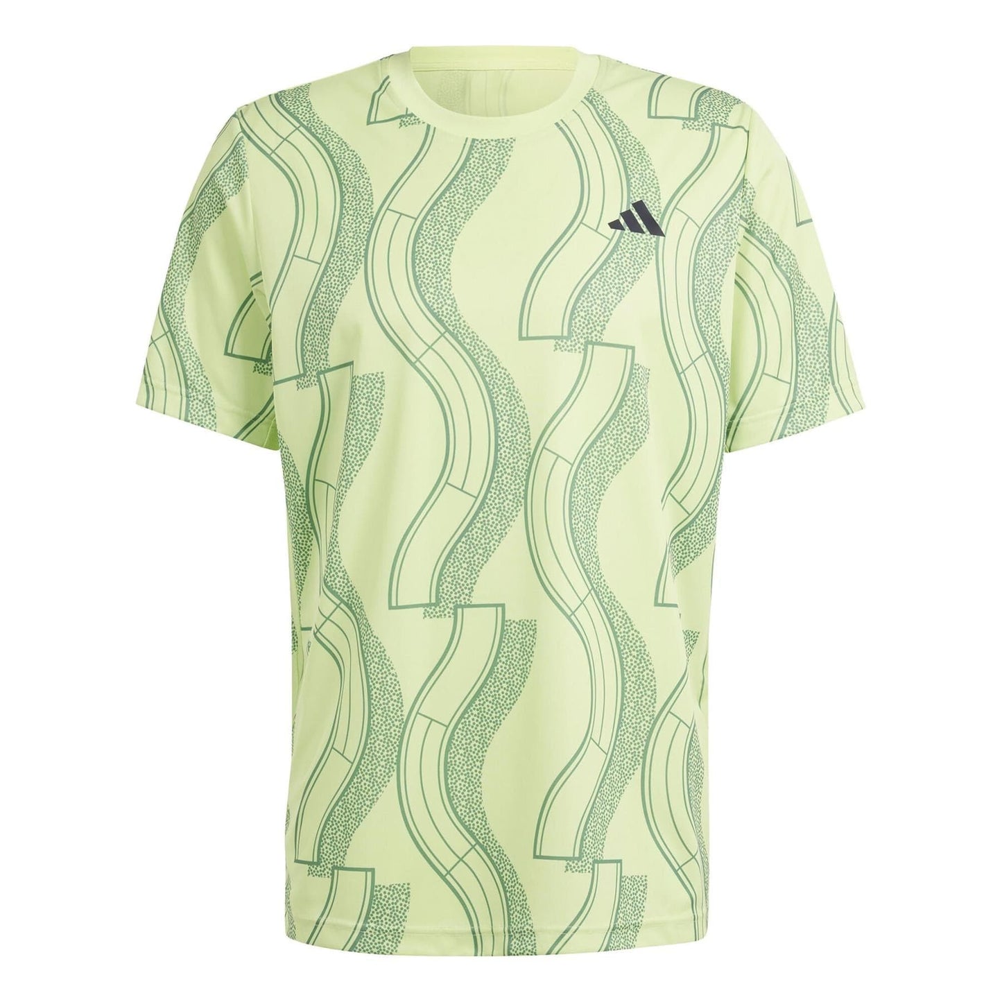 This ADIDAS Men's Club Graphic Badminton T-Shirt in green combines style and comfort with its eco-friendly design. Featuring a light green hue adorned with a darker green wavy, abstract pattern, it sports a small black logo on the upper left side. Its classic crew neck design makes it perfect for sports enthusiasts.