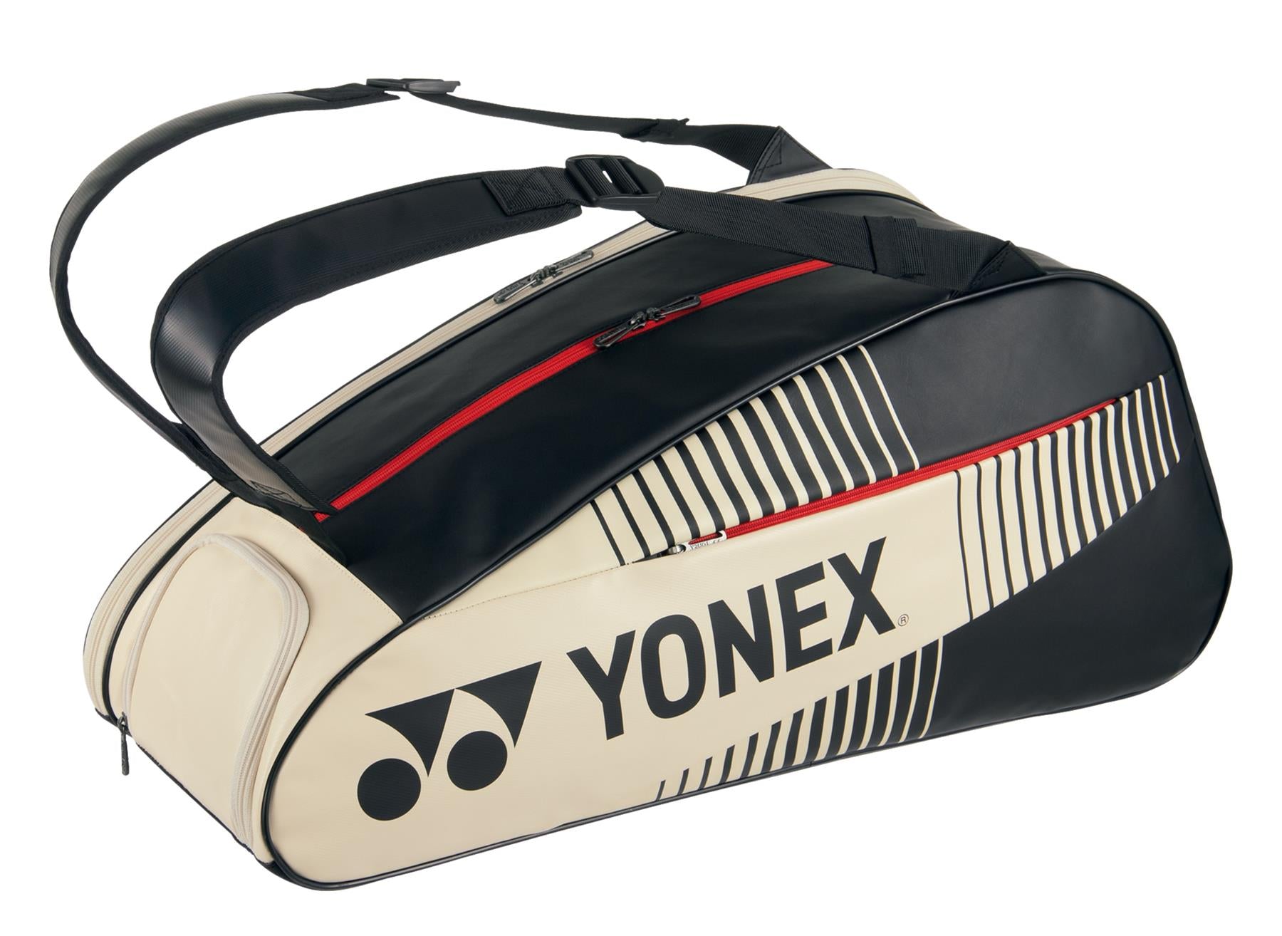 The Yonex 82426EX Active 6 Racket Badminton Bag showcases a stylish black and beige design with red zippers and a graphic pattern. It prominently features the Yonex logo, along with padded dual shoulder straps for enhanced comfort, making it perfect for athletes on the move.