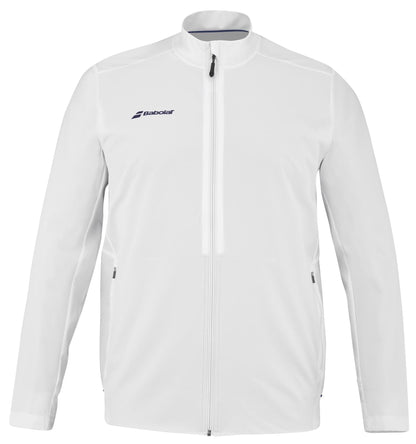 Introducing the Babolat Play Men's Badminton Jacket in white: a full-zip sports jacket designed with stretchable Fiber Dry polyester to enhance your comfort. This jacket features long sleeves, a high collar, zippered pockets on both sides, and a subtle Babolat logo on the left chest—ideal for your active lifestyle.