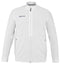 Introducing the Babolat Play Men's Badminton Jacket in white: a full-zip sports jacket designed with stretchable Fiber Dry polyester to enhance your comfort. This jacket features long sleeves, a high collar, zippered pockets on both sides, and a subtle Babolat logo on the left chest—ideal for your active lifestyle.