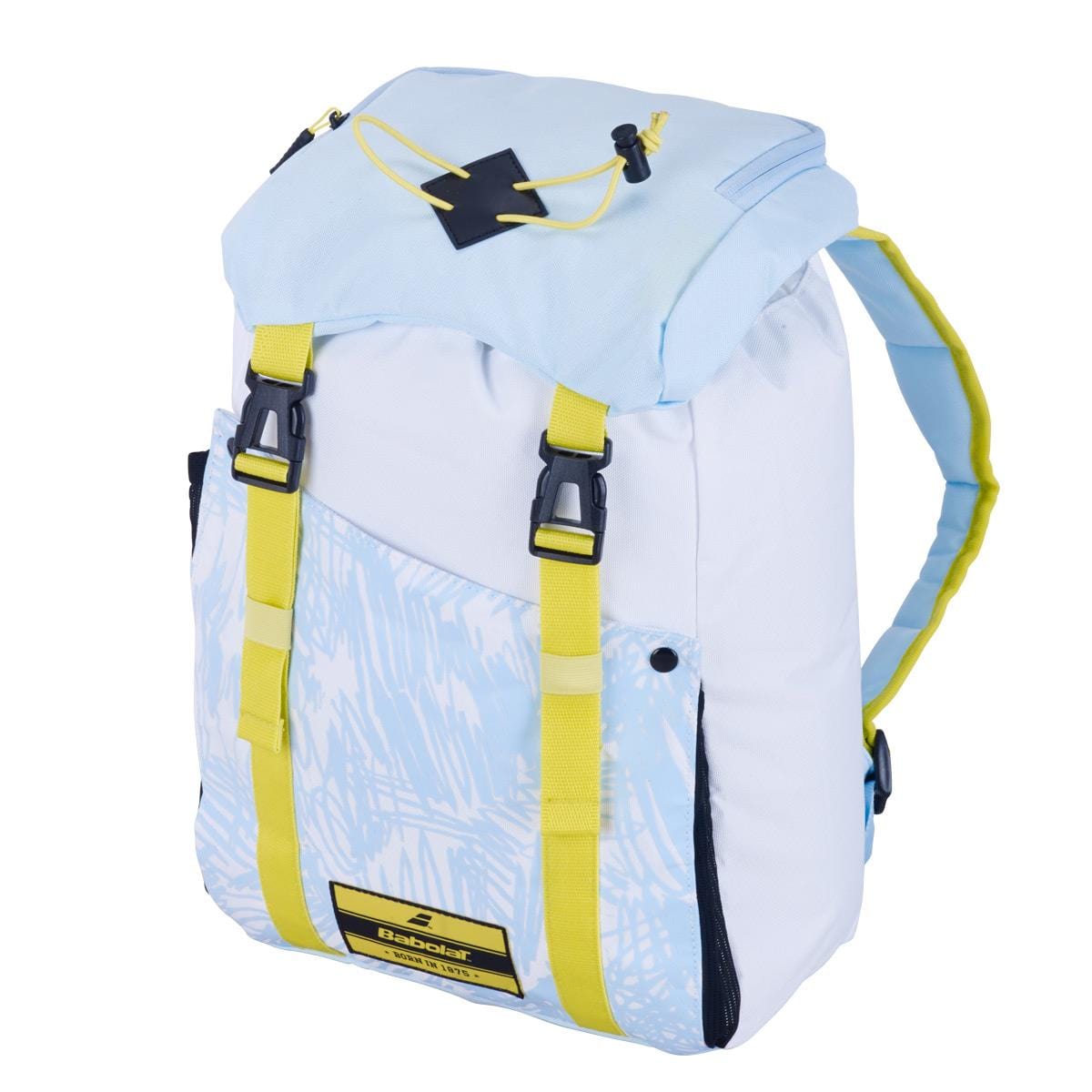 Introducing the Babolat Junior Classic Backpack in white and blue, showcasing a sleek abstract design with striking yellow accents on its straps and buckles. The top flap is light blue with an elegant black cord detail. This backpack conveniently includes a racket holder, and proudly displays the Babolat brand logo at the bottom front.