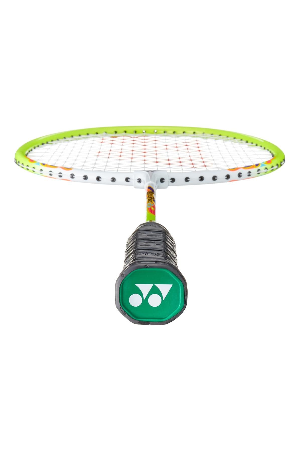 Close-up view of the Yonex Muscle Power 2 Junior Badminton Racket with a distinctive green grip end featuring a white logo. The isometric head shape is strung with white and red strings, while the frame showcases an eye-catching green and white design.