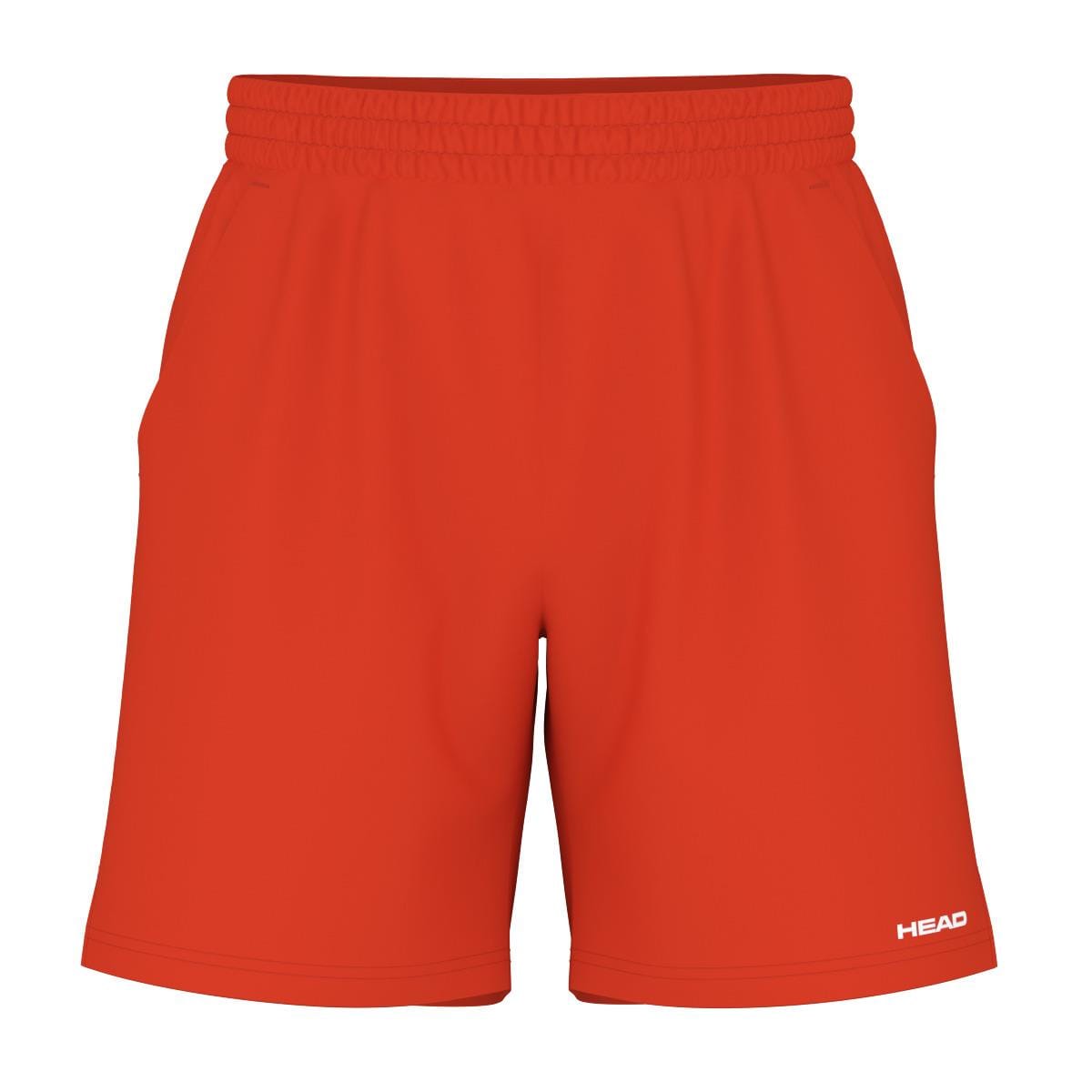 These sporty orange athletic shorts, named the HEAD Vision Power Mens Badminton Shorts - Orange Alert, feature a 4-way stretch and an elastic waistband. The "HEAD" logo in white is located on the bottom right leg. The design is straightforward, prioritizing functionality with moisture transfer microfiber for enhanced comfort during activity.