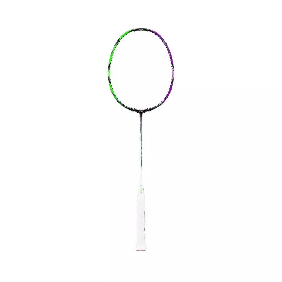 Presenting the Li-Ning Halbertec 9000 Badminton Racket, featuring a stylish ACC Rifftech frame with a striking black finish highlighted by delicate touches of Green Crystal and Dragons Violet. The elegant design is completed with white grip tape, all contrasted against a simple white background for maximum impact.