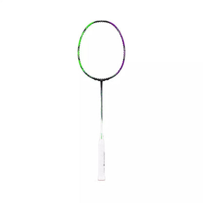 Presenting the Li-Ning Halbertec 9000 Badminton Racket, featuring a stylish ACC Rifftech frame with a striking black finish highlighted by delicate touches of Green Crystal and Dragons Violet. The elegant design is completed with white grip tape, all contrasted against a simple white background for maximum impact.