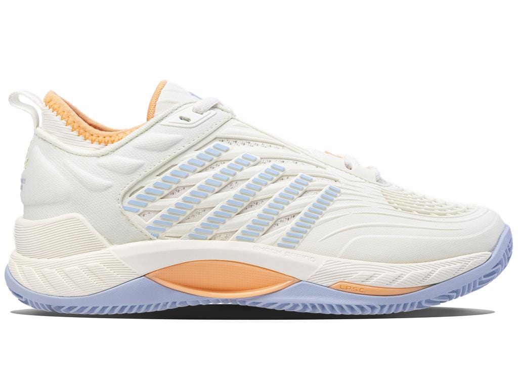 A side view of the K-Swiss Hypercourt Supreme 2 HB Women's Badminton Shoes in Star White and Heather showcases a white upper with light blue and orange details. The shoe features a textured design with a wavy pattern, incorporating Dragguard 7.0 for enhanced durability, a cushioned midsole, and a light blue outsole to ensure superior performance.