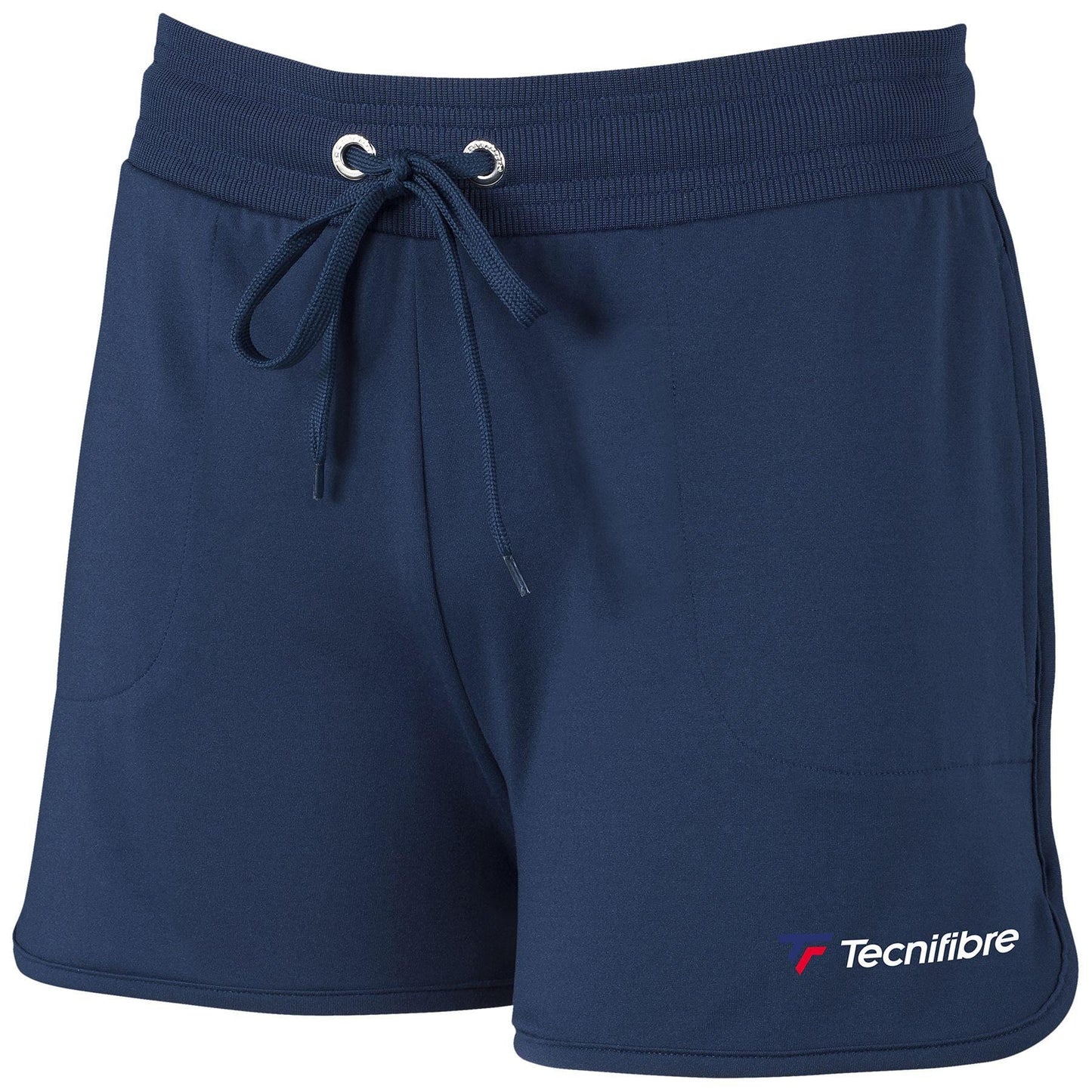 Marine blue shorts with an elastic waistband and drawstring, showcasing the Tecnifibre logo in white and red on the left side. Designed for comfort and maneuverability, these Tecnifibre Women's Shorts also feature two front pockets.