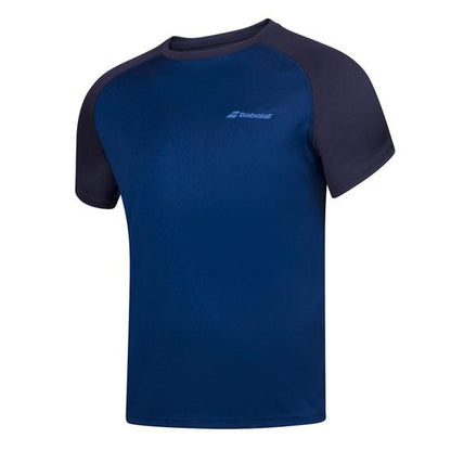 Introducing the Babolat Men's Play Crew Neck T-Shirt in Estate Blue, a stylish short-sleeve athletic shirt made from Fiber Dry polyester, featuring a lighter blue panel on the front and darker blue sleeves. The Babolat logo is prominently displayed on the upper left side of the chest.