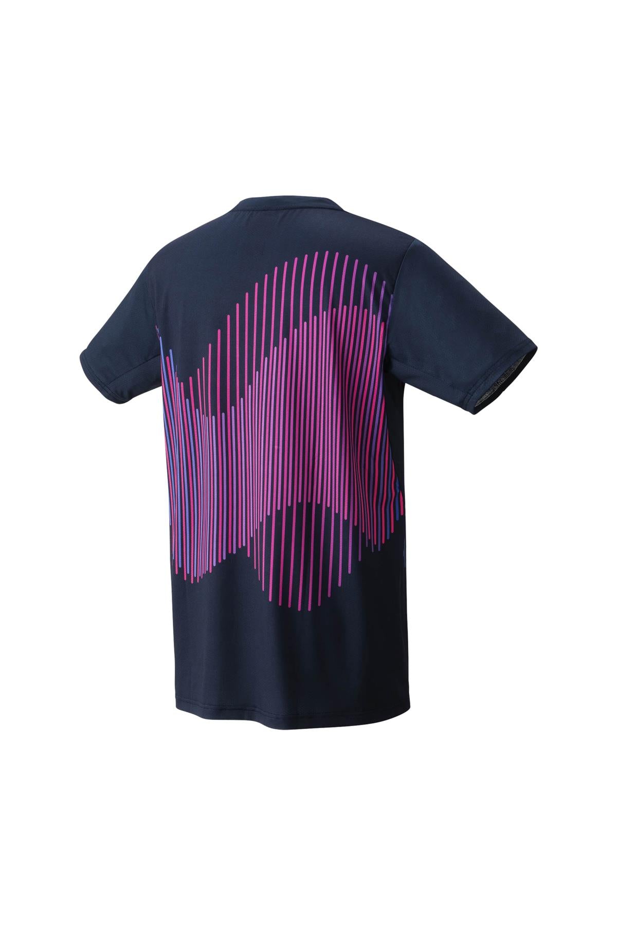 The Yonex 10562 Crew Neck Men's Badminton T-Shirt in Indigo Marine showcases a vibrant pink and purple abstract wave pattern on the back, created with vertical lines. This short-sleeved tee, featuring Yonex VeryCool technology for ultraviolet reduction and antistatic properties, is set against a clean white background.