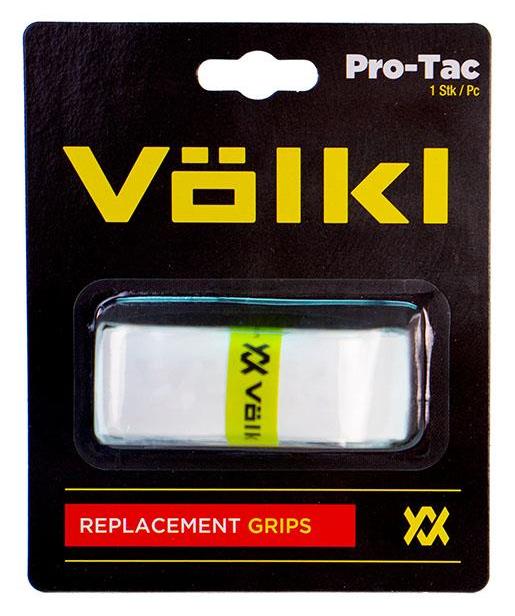 The Volkl Pro Tac Replacement Badminton Grip - White showcases bold yellow and black branding from Volkl on its sleek black packaging. Designed for badminton rackets, these white grips provide an extra tacky feel to boost your game with confidence.