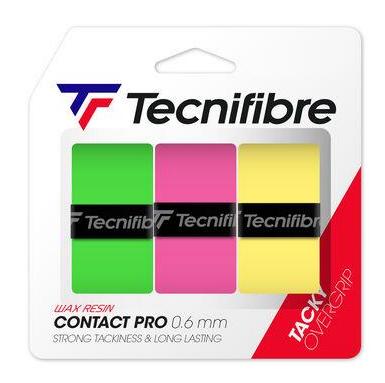 The Tecnifibre Contact Pro Badminton Overgrip - 3 Pack in pink, yellow, and green highlights its "Wax Resin Contact Pro 0.6 mm" design, featuring "Strong Tackiness & Long Lasting" qualities. The overgrip offers an enhanced grip with a tacky effect, while the Tecnifibre logo and branding are prominently displayed.