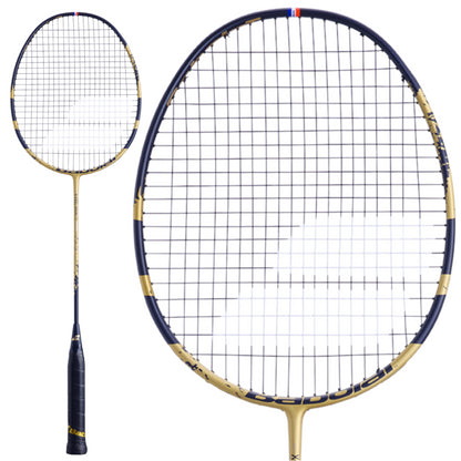 The Babolat X-Feel Origin Power LTD Badminton Racket, crafted by Babolat, showcases a striking black and gold design with a patterned net. Enhanced by CARBON X-TREM technology, it is adorned with subtle red, white, and blue stripes on the top edge of its plain white frame.