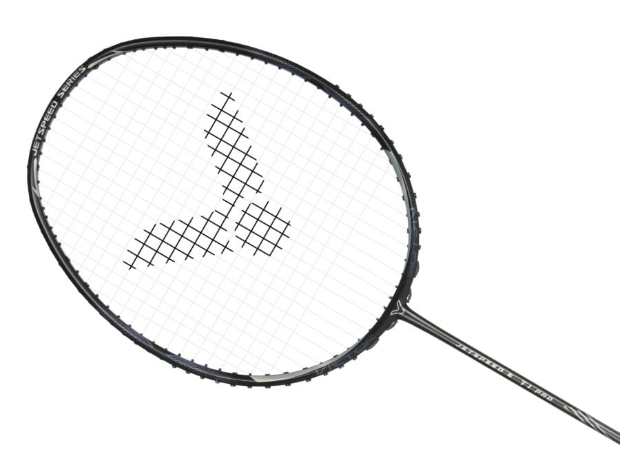 The Victor Jetspeed T1 Pro C 4U Badminton Racket by Victor features a sleek black and grey finish with a logo pattern on the strings. It is equipped with Aero-Sword technology for enhanced aerodynamics, and its dark frame with a slightly angled design adds distinction. The strings create a unique design on a white background, making this racket stand out even more.