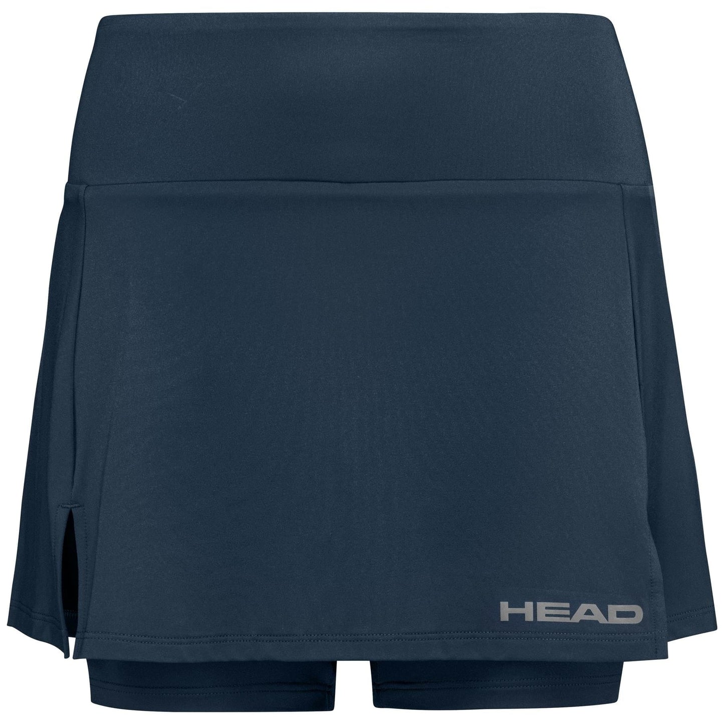 The HEAD Women's Club Basic Badminton Skort in navy is designed with a small slit on the side and features the "HEAD Sportswear" logo in white lettering near the hem. Made from moisture transfer microfibre, it ensures maximum comfort.